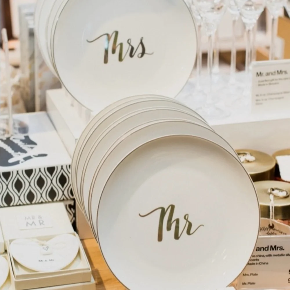 NWT Crate&Barrel Mr. Mrs. 8” Plate Set of 2 Wedding Cake Anniversary Bridal NEW